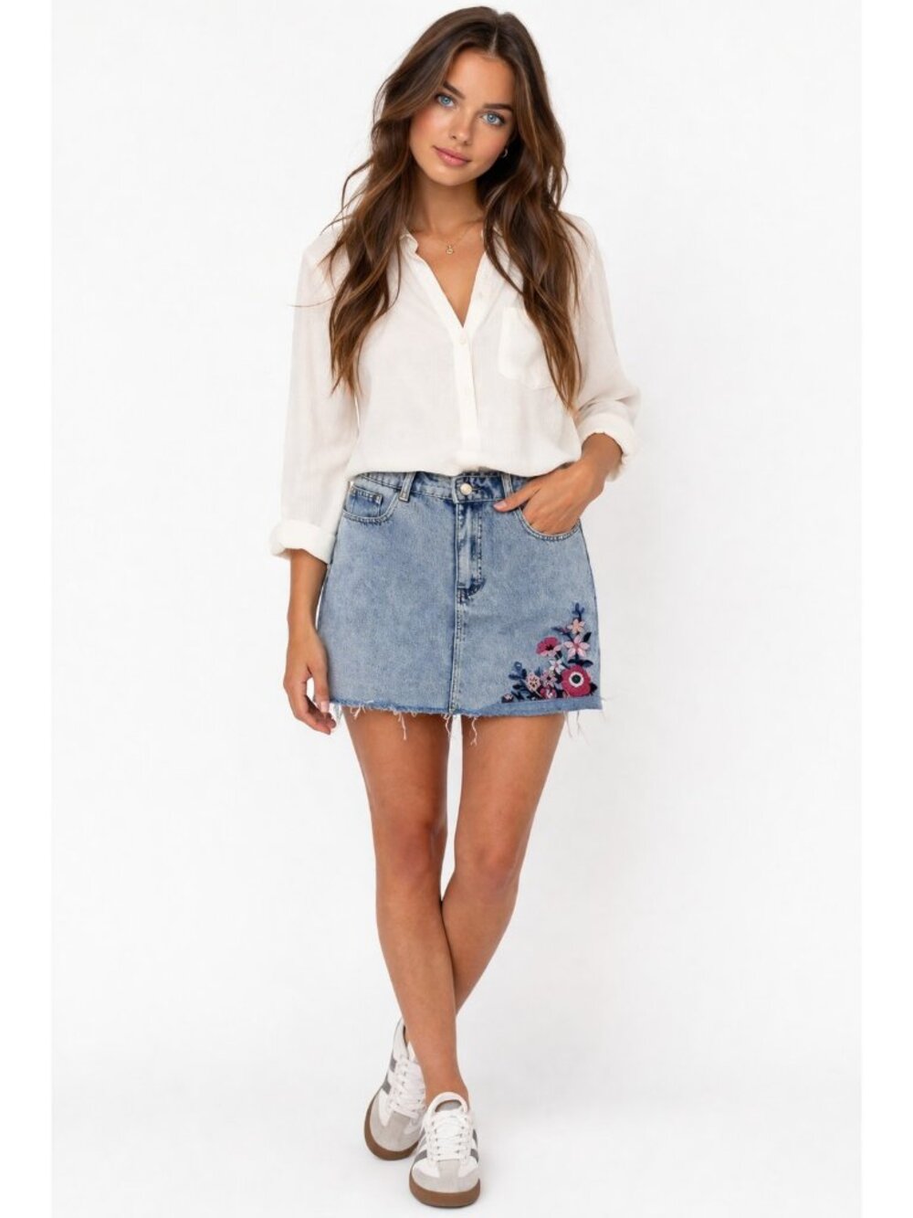Audrey Parks Francesca’s Floral Embroidered Denim Mini Skirt Sz Medium Y2K